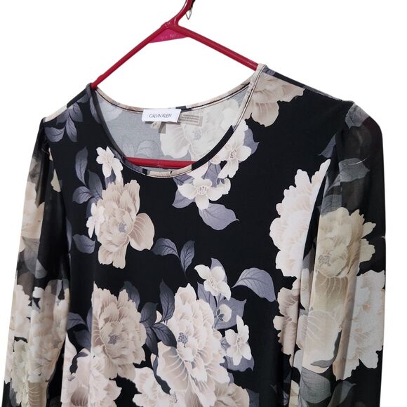 Calvin Klein Top Size Small Black Floral Sheer Sleeves - Picture 2 of 15